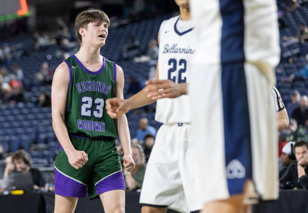Edmonds-Woodways Dennis Karl reacts to a foul call during the 3A state quarterfinal game Bellarmine Prep on Thursday, March 5, 2026 in Tacoma, Washington. (Olivia Vanni / The Herald)