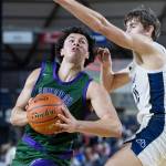 Edmonds-Woodways Julian Gray looks to shoot the ball during the 3A state quarterfinal game Bellarmine Prep on Thursday, March 5, 2026 in Tacoma, Washington. (Olivia Vanni / The Herald)