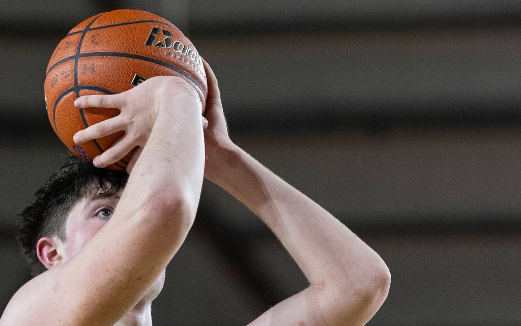 Glacier Peaks Zachary Albright takes a free throw shot during the 4A state quarterfinal game against Lake Washington on Thursday, March 5, 2026 in Tacoma, Washington. (Olivia Vanni / The Herald)