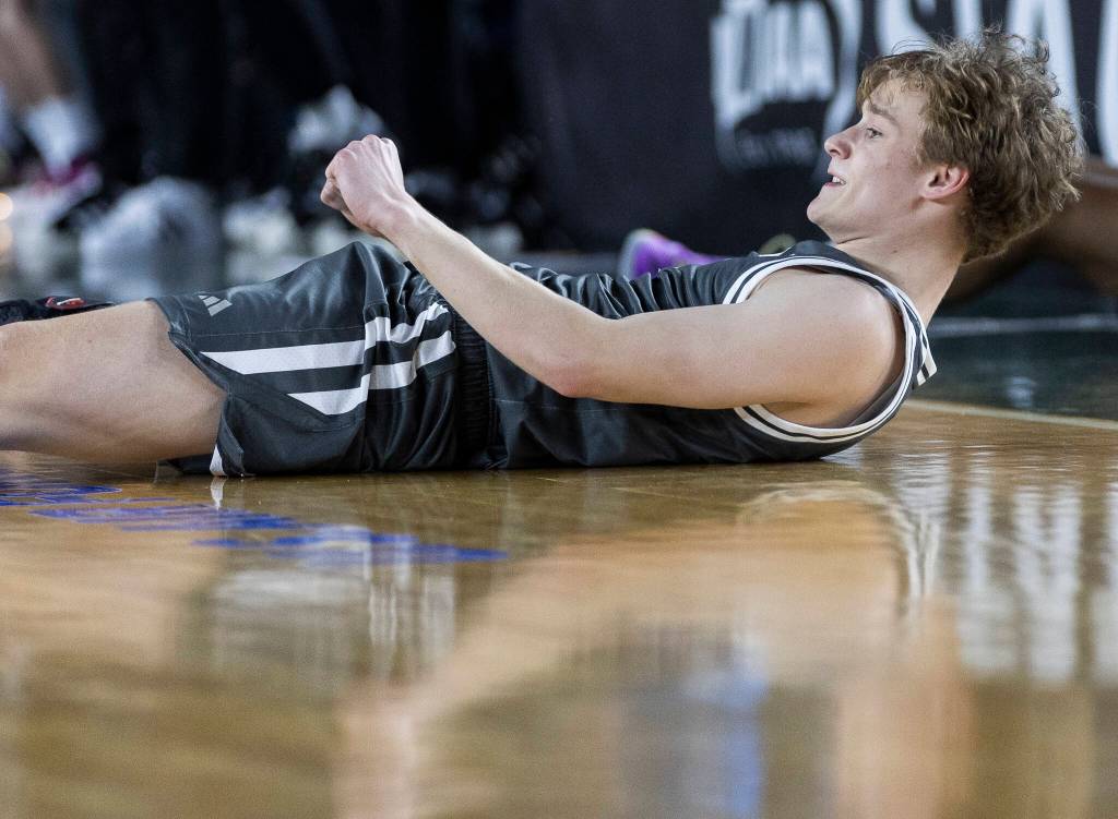 Glacier Peaks Reed Nagel reacts to drawing a foul during the 4A state quarterfinal game against Lake Washington on Thursday, March 5, 2026 in Tacoma, Washington. (Olivia Vanni / The Herald)