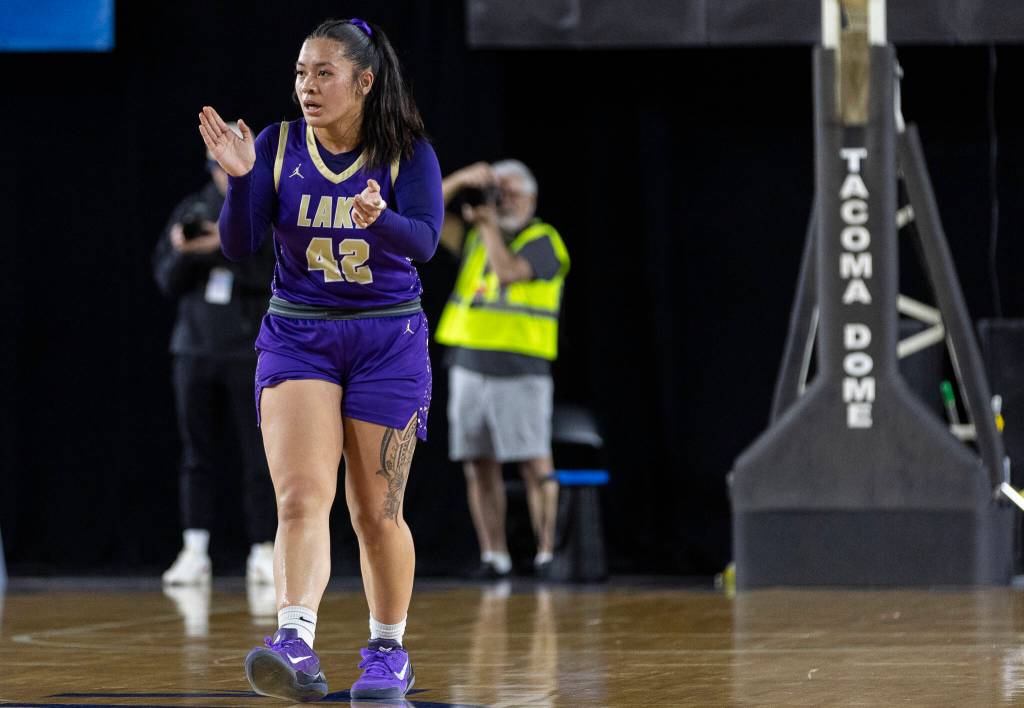 Lake Stevens Keira Isabelle Tupua reacts during the 4A state quarterfinal game against Davis on Thursday, March 5, 2026 in Tacoma, Washington. (Olivia Vanni / The Herald)