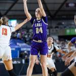 Lake Stevens Kendel Kuehl shoots the ball during the 4A state quarterfinal game against Davis on Thursday, March 5, 2026 in Tacoma, Washington. (Olivia Vanni / The Herald)