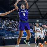 Lake Stevens Noelani Tupua takes a jump shot during the 4A state quarterfinal game against Davis on Thursday, March 5, 2026 in Tacoma, Washington. (Olivia Vanni / The Herald)