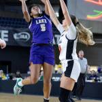Lake Stevens Noelani Tupua takes a jump shot during the 4A state quarterfinal game against Davis on Thursday, March 5, 2026 in Tacoma, Washington. (Olivia Vanni / The Herald)