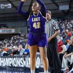 Lake Stevens Keira Isabelle Tupua takes a three-point shot during the 4A state quarterfinal game against Davis on Thursday, March 5, 2026 in Tacoma, Washington. (Olivia Vanni / The Herald)