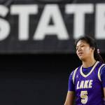 Lake Stevens Noelani Tupua looks on during the 4A state quarterfinal game against Davis on Thursday, March 5, 2026 in Tacoma, Washington. (Olivia Vanni / The Herald)