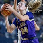 Lake Stevens Kendel Kuehl looks to lay up the ball during the 4A state quarterfinal game against Davis on Thursday, March 5, 2026 in Tacoma, Washington. (Olivia Vanni / The Herald)