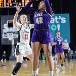 Lake Stevens Keira Isabelle Tupua takes a jump shot during the 4A state quarterfinal game against Davis on Thursday, March 5, 2026 in Tacoma, Washington. (Olivia Vanni / The Herald)