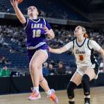 Lake Stevens Tessa Anastasi lays up the ball during the 4A state quarterfinal game against Davis on Thursday, March 5, 2026 in Tacoma, Washington. (Olivia Vanni / The Herald)