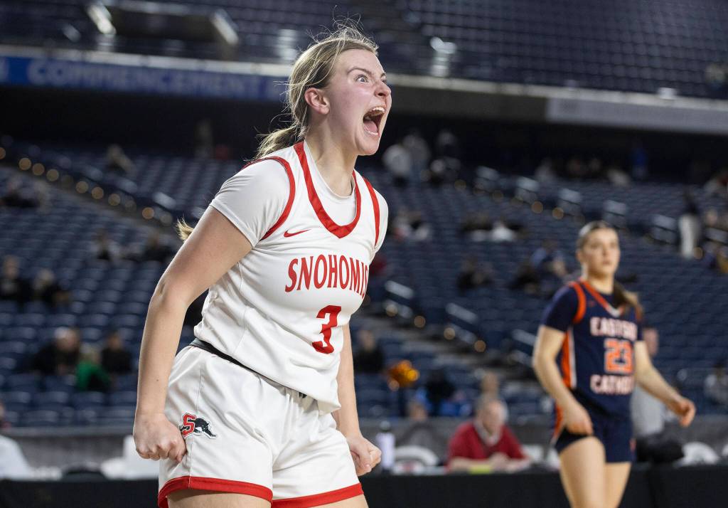Snohomishs Kendall Hammer reacts during 3A state semifinal game against Eastside Catholic on Friday, March 6, 2026 in Tacoma, Washington. (Olivia Vanni / The Herald)