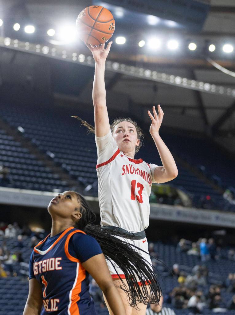 Snohomishs Sienna Capelli shoots a layup during 3A state semifinal game against Eastside Catholic on Friday, March 6, 2026 in Tacoma, Washington. (Olivia Vanni / The Herald)