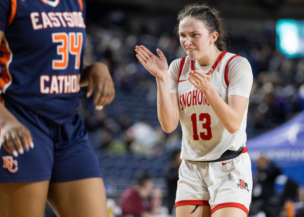 Snohomishs Sienna Capelli reacts during 3A state semifinal game against Eastside Catholic on Friday, March 6, 2026 in Tacoma, Washington. (Olivia Vanni / The Herald)