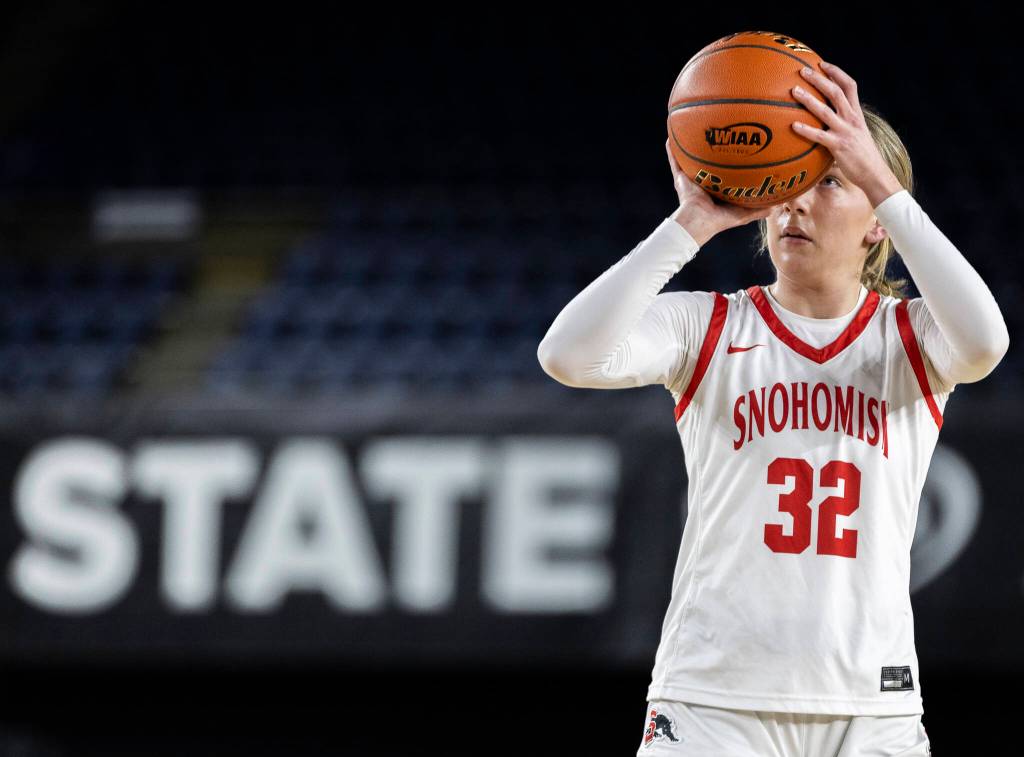 Snohomishs Lola Rotondo shoots a free throw during 3A state semifinal game against Eastside Catholic on Friday, March 6, 2026 in Tacoma, Washington. (Olivia Vanni / The Herald)