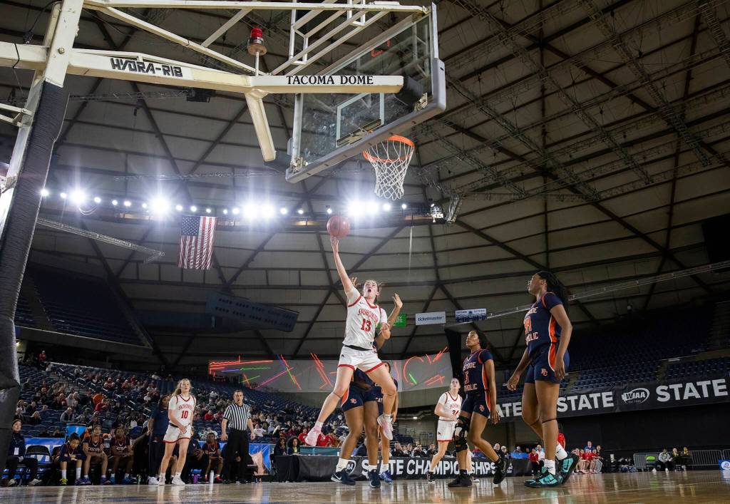 Snohomishs Sienna Capelli shoots a layup during 3A state semifinal game against Eastside Catholic on Friday, March 6, 2026 in Tacoma, Washington. (Olivia Vanni / The Herald)
