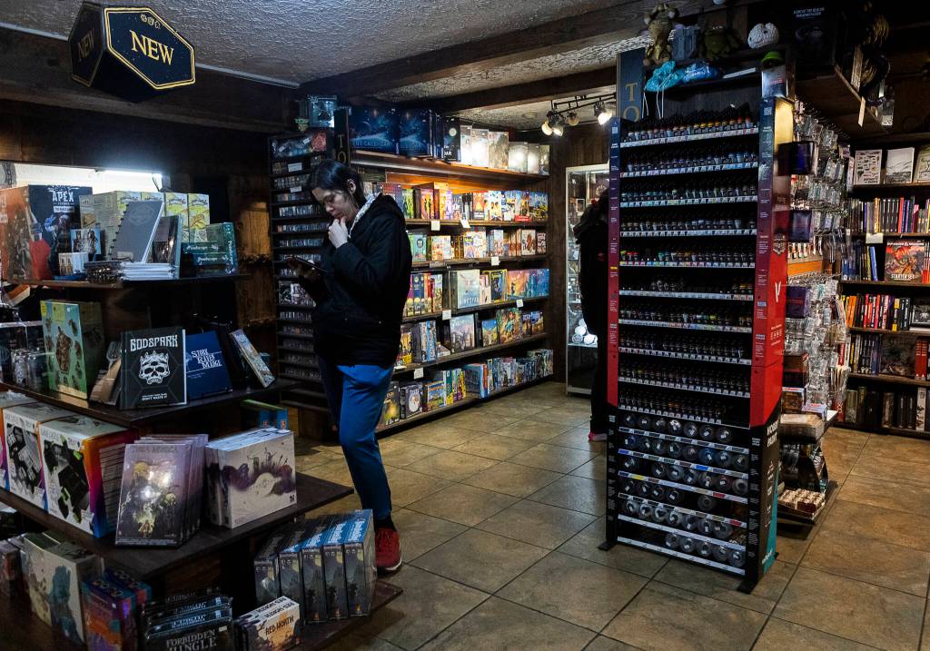 Inside the retail area at Zulu’s Board Game Cafe on Friday, Jan. 9, 2026 in Bothell, Washington. (Olivia Vanni / The Herald)