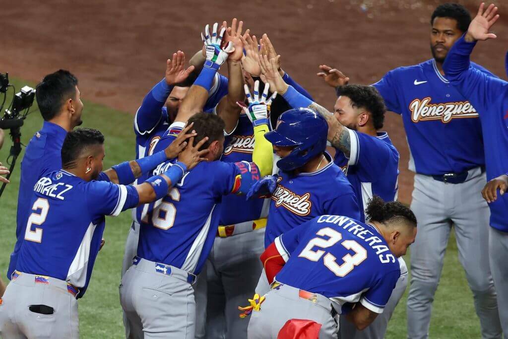 Team Venezuela reacts after winning 2026 World Baseball Classic Championship game between Team Venezuela and Team USA at loanDepot Park on Tuesday in Miami, Florida. (Getty Images / The Athletic)