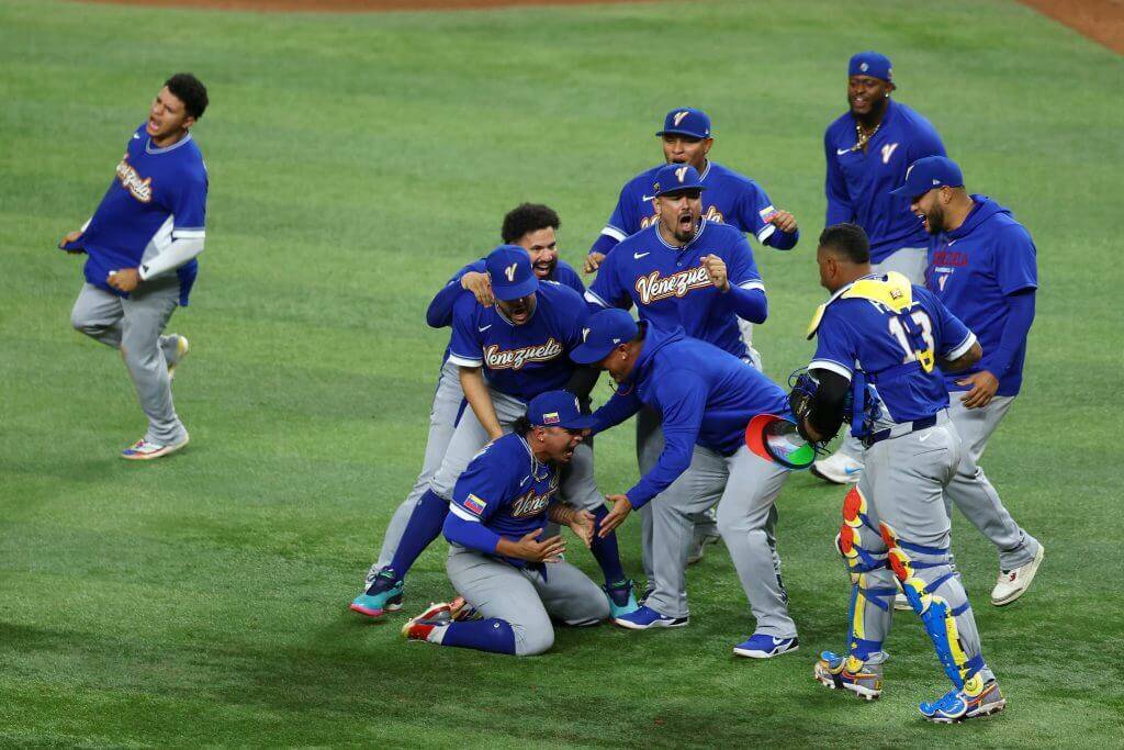 Team Venezuela reacts after winning 2026 World Baseball Classic Championship game between Team Venezuela and Team USA at loanDepot Park on Tuesday in Miami, Florida. (Getty Images / The Athletic)
