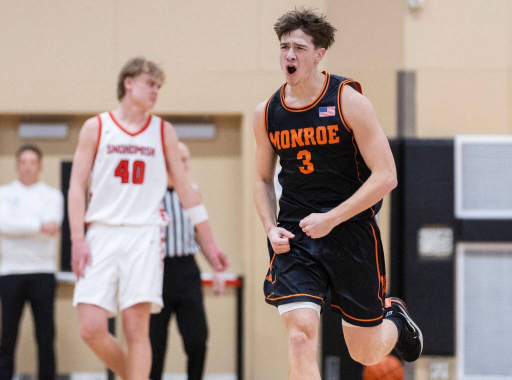 Monroe’s Isaiah Kiehl reacts during the game against Snohomish on Wednesday, Jan. 28, 2026 in Snohomish. (Olivia Vanni / The Herald)