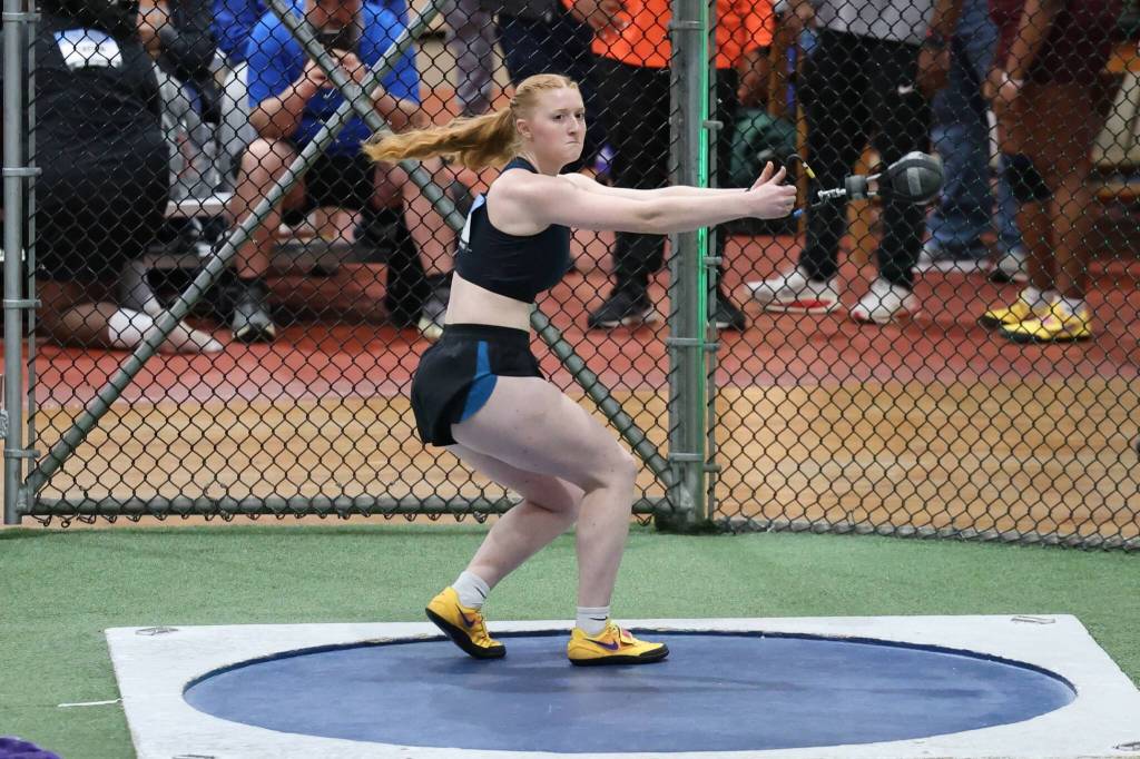 Kimberly Beard, a Mukilteo resident who attends King's High School, competes in the 20-pound weight throw at the Nike Indoor Nationals March 12-15 in New York. (Photo courtesy of Donna Beard)
