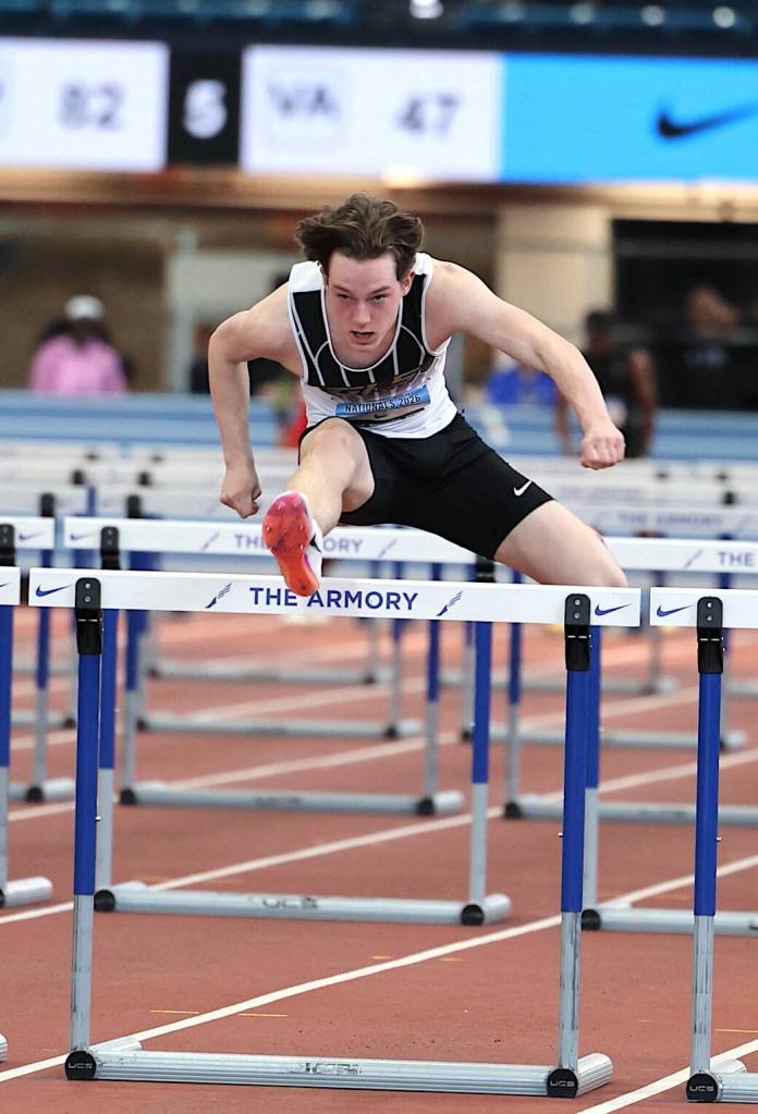Miller Warme of Kamiak High School competes in a hurdles event at the Nike Indoor Nationals March 12-15 in New York. (Photo courtesy of Donna Beard)