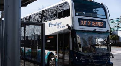Will Geschke / The Herald
A Sound Transit express bus on Friday at Everett Station in Everett.