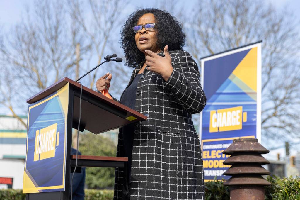 Future Workforce Alliance Chair Janice Greene, Ph.D. speaks at a press conference about electricity modernized transportation outside of Everett Station on Tuesday, March 31, 2026 in Everett, Washington. (Olivia Vanni / The Herald)