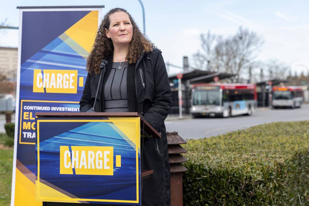 Snohomish County Council member Megan Dunn speaks at a press conference about electricity modernized transportation outside of Everett Station on Tuesday, March 31, 2026 in Everett, Washington. (Olivia Vanni / The Herald)