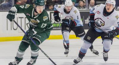 Everett Silvertips’ forward Julius Miettinen takes the puck down the ice in breakaway during the second round WHL playoff game against the Portland Winterhawks on Friday, April 11, 2025 in Everett, Washington. (Olivia Vanni / The Herald)