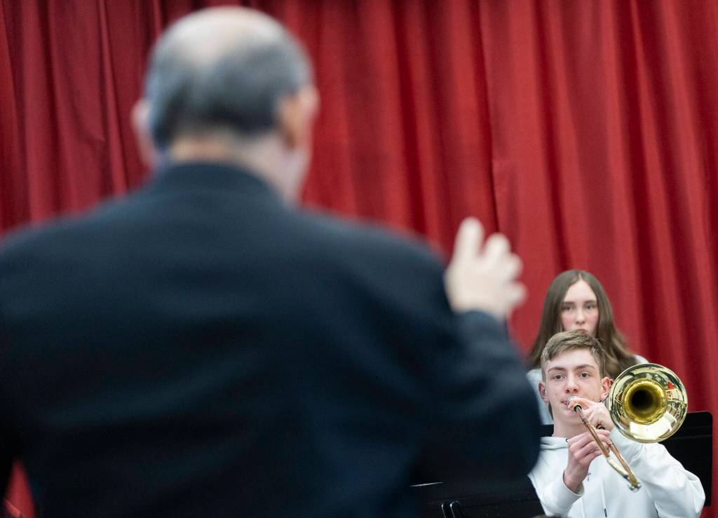 Trombonist Francisco Torres gives directions during a band workshop at Mountlake Terrace High School on Monday, March 30, 2026 in Mountlake Terrace, Washington. (Olivia Vanni / The Herald)