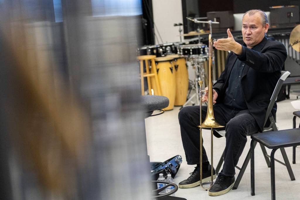 Trombonist Francisco Torres gives directions during a band workshop at Mountlake Terrace High School on Monday, March 30, 2026 in Mountlake Terrace, Washington. (Olivia Vanni / The Herald)