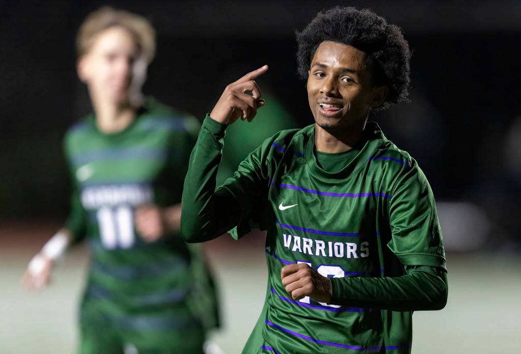Edmonds-Woodways Natan Ghebreamlak reacts after scoring his third goal during the game against Archbishop Murphy on Tuesday, March 31, 2026 in Edmonds, Washington. (Olivia Vanni / The Herald)