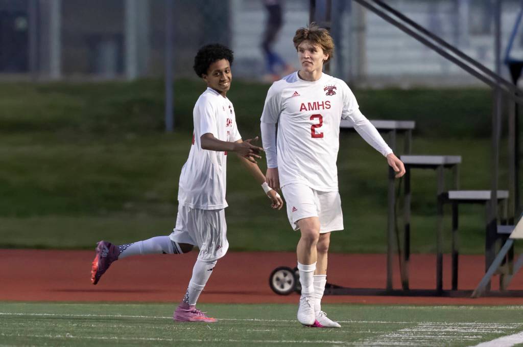 Archbishop Murphys Kyler Phillips celebrates after scoring against Edmonds-Woodway during the game on Tuesday, March 31, 2026 in Edmonds, Washington. (Olivia Vanni / The Herald)