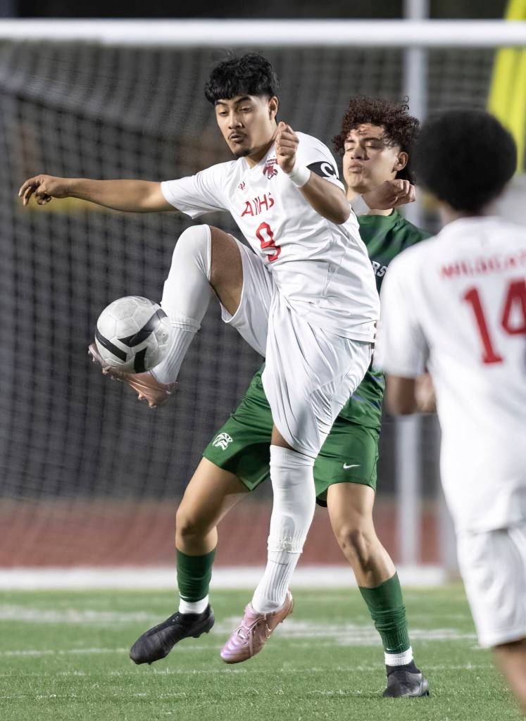 Archbishop Murphys Ivan Hernandez Vazquez jumps up to trap the ball during the game against Edmonds-Woodway on Tuesday, March 31, 2026 in Edmonds, Washington. (Olivia Vanni / The Herald)