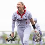Snohomishs Abby Edwards yells after beating Edmonds-Woodway in the 3A District 1 consolation game on May 15, 2025 in Snohomish. (Olivia Vanni / The Herald)