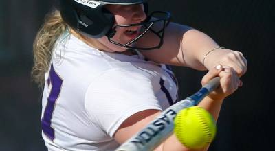 Lake Stevens’ Emerson Cummins takes a swing at a pitch against Glacier Peak on Tuesday, April 23, 2024, at Glacier Peak High School in Snohomish, Washington. (Ryan Berry / The Herald)