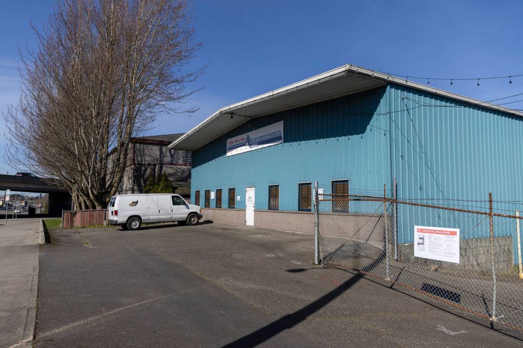 The outside of one of two buildings acquired by the Everett Gospel Mission for its expansion on Tuesday, April 7, 2026, in Everett, Washington. (Olivia Vanni / The Herald)