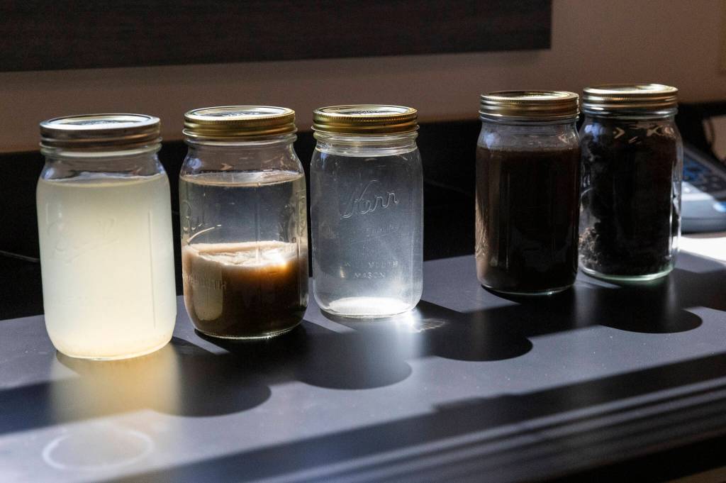Samples of wastewater at different stages of the treatment process on Thursday, April 9, 2026, in Granite Falls, Washington. (Olivia Vanni / The Herald)
