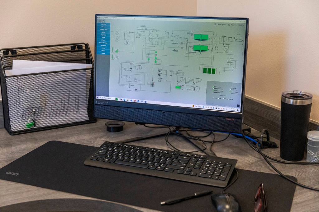 The main control room for the Granite Falls Wastewater Treatment Plant on Thursday, April 9, 2026, in Granite Falls, Washington. (Olivia Vanni / The Herald)