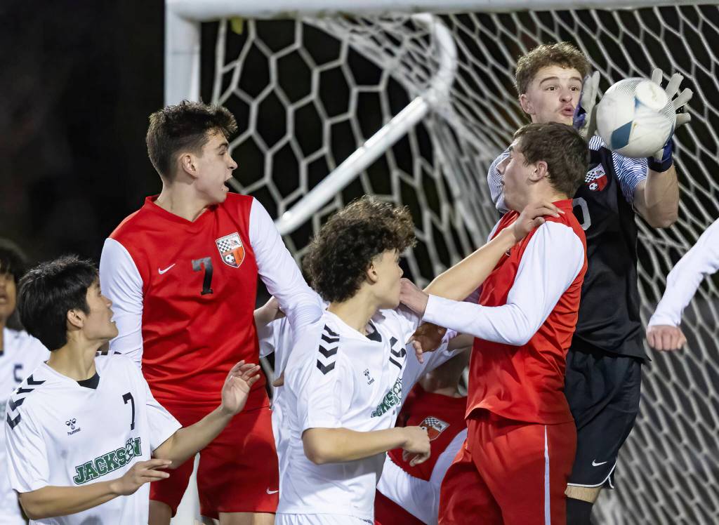Snohomishs Zachary Khorrami blocks a corner kick during the game against Jackson on Monday, April 6, 2026 in Snohomish, Washington. (Olivia Vanni / The Herald)