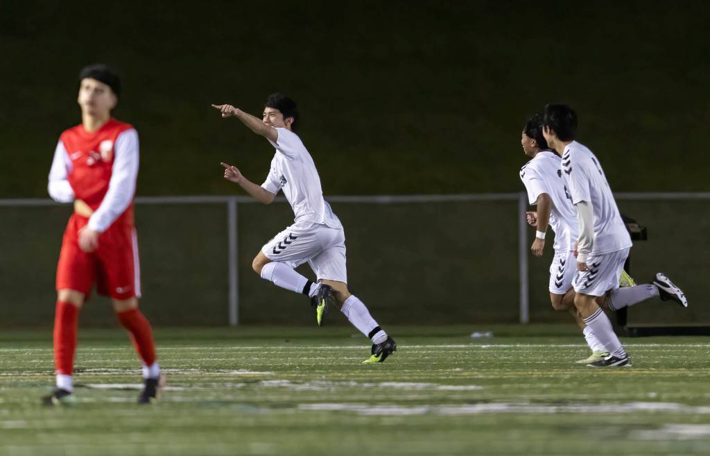 Jacksons Isaac Hsu reacts after scoring a goal against Snohomish during the game on Monday, April 6, 2026 in Snohomish, Washington. (Olivia Vanni / The Herald)