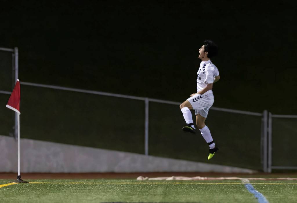 Jacksons Isaac Hsu reacts after scoring a goal against Snohomish during the game on Monday, April 6, 2026 in Snohomish, Washington. (Olivia Vanni / The Herald)