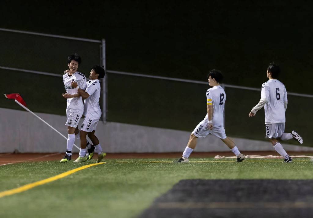 Jacksons Isaac Hsu celebrates after scoring a goal against Snohomish during the game on Monday, April 6, 2026 in Snohomish, Washington. (Olivia Vanni / The Herald)