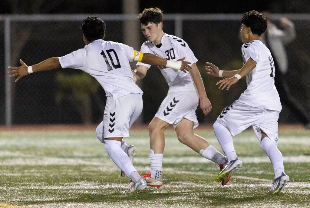 Jacksons Anthony Gonzalez-Marroquin reacts after scoring on a penalty kick during the game against Snohomish on Monday, April 6, 2026 in Snohomish, Washington. (Olivia Vanni / The Herald)