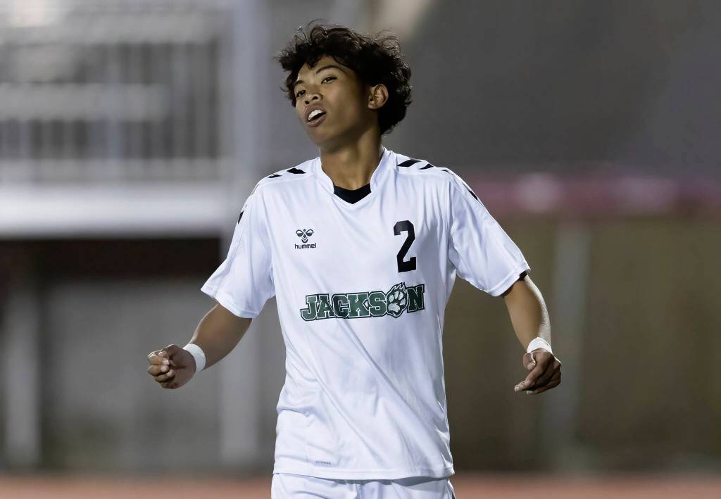 Jacksons Isaiah Cyril Natividad reacts after missing a shot during the game against Snohomish on Monday, April 6, 2026 in Snohomish, Washington. (Olivia Vanni / The Herald)