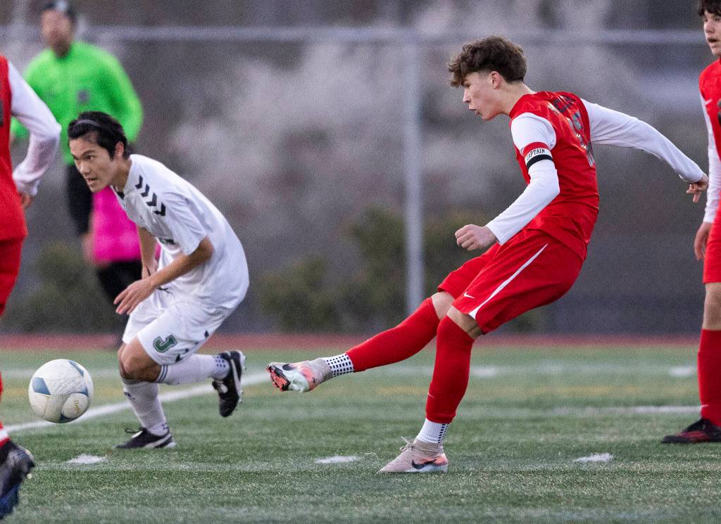Snohomishs Carson Maechler takes a shot and scores during the first half of the game against Jackson on Monday, April 6, 2026 in Snohomish, Washington. (Olivia Vanni / The Herald)