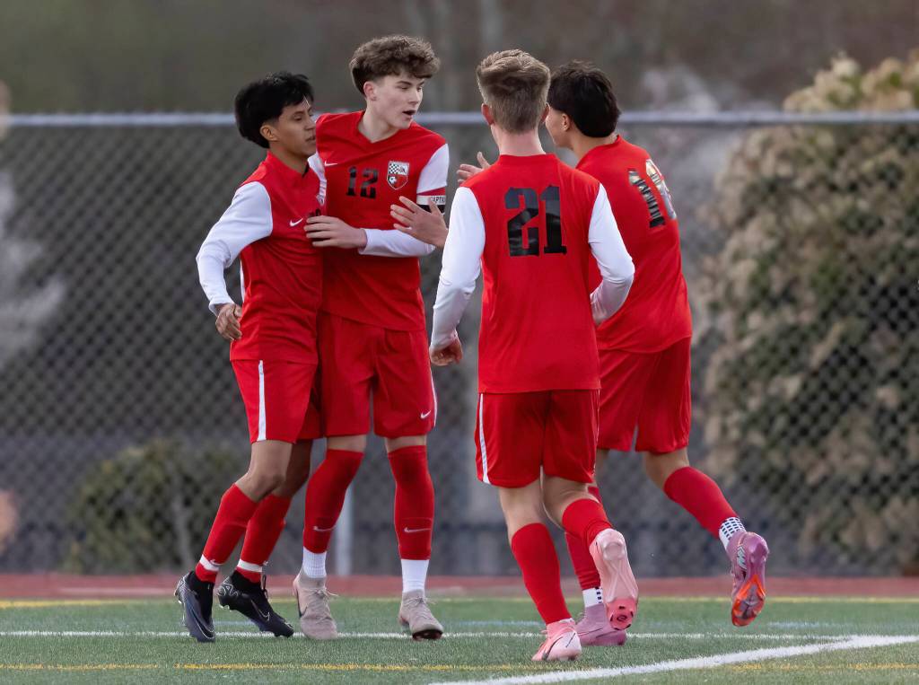 Snohomishs Carson Maechler celebrates after scoring during the game against Jackson on Monday, April 6, 2026 in Snohomish, Washington. (Olivia Vanni / The Herald)