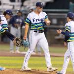 Calvin Schapira (25) of the Everett AquaSox is pulled from the mound in the fourth inning against the Tri-City Dust Devils on Tuesday, April 7, 2026 in Everett, Washington. (Olivia Vanni / The Herald)