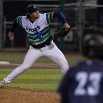 Wyatt Lunsford-Shenkman (46) of the Everett AquaSox pitches with the bases loaded against the Tri-City Dust Devils on Tuesday, April 7, 2026 in Everett, Washington. (Olivia Vanni / The Herald)