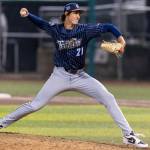 Chase Shores (21) of the Tri-City Dust Devils pitches during the game against the Everett AquaSox on Tuesday, April 7, 2026 in Everett, Washington. (Olivia Vanni / The Herald)