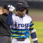 Josh Caron (10) of the Everett AquaSox reacts after hitting a triple during the game against the Tri-City Dust Devils on Tuesday, April 7, 2026 in Everett, Washington. (Olivia Vanni / The Herald)